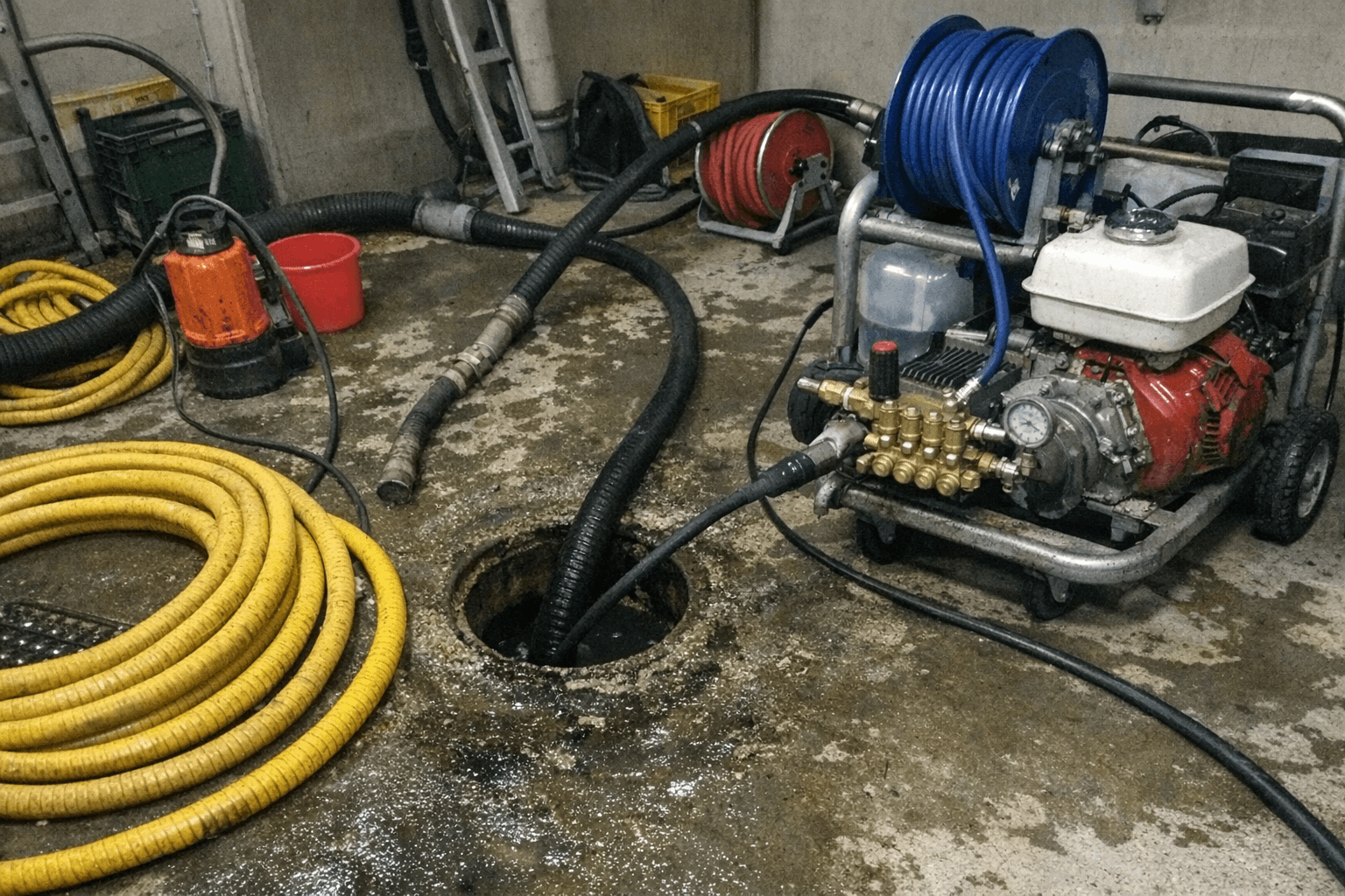 Dicker Spülschlauch liegt vor einem Hausanschluss und wird in die Leitung eingeführt