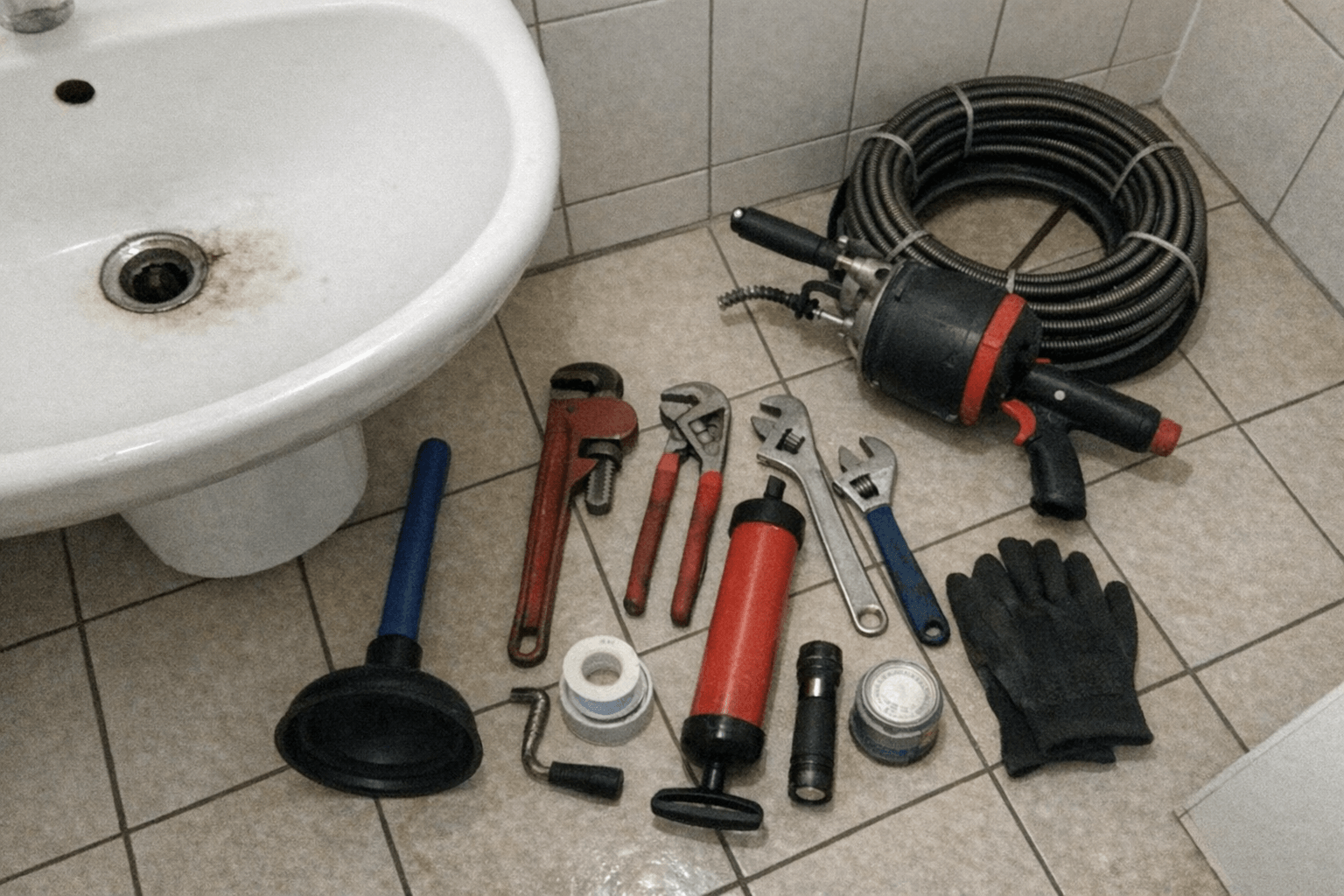 Offener Unterschrank im Bad mit Werkzeug, Eimer und demontiertem Siphon