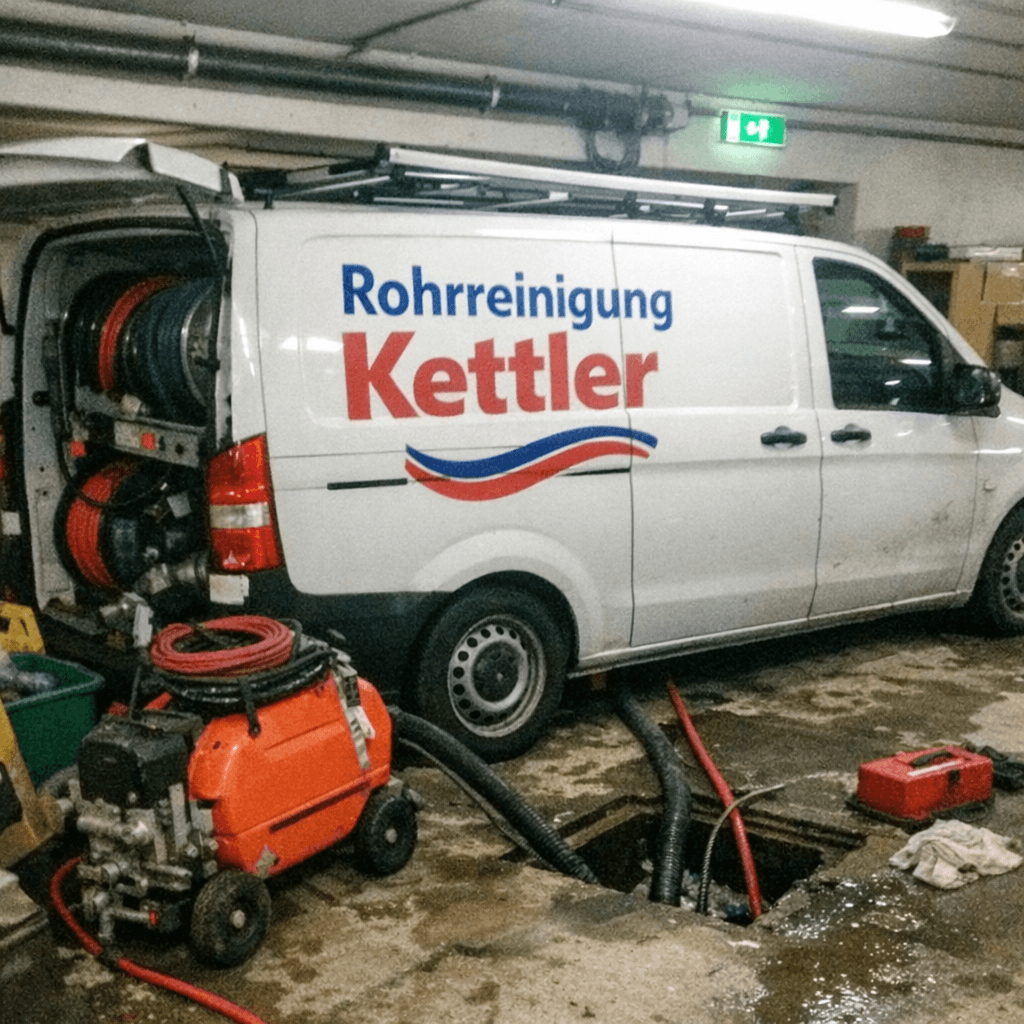 Monteurfahrzeug steht vor einem Wohnhaus, während Werkzeug für einen Noteinsatz bereitliegt