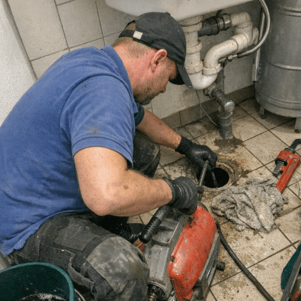 Installateur führt eine Spirale in eine geöffnete Abwasserleitung im Keller ein