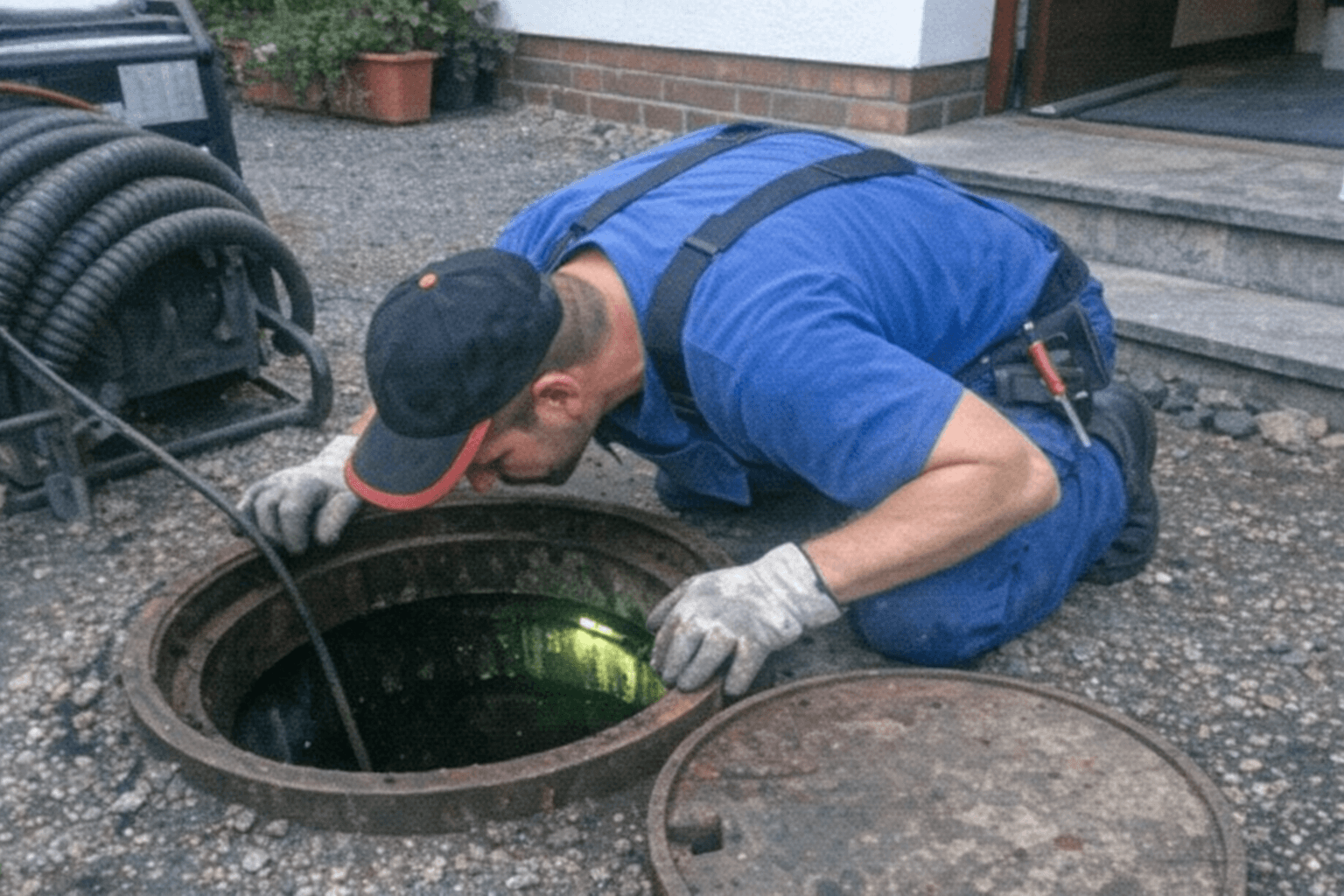 Geöffneter Kontrollschacht im Hof, daneben prüft ein Techniker den Leitungsverlauf