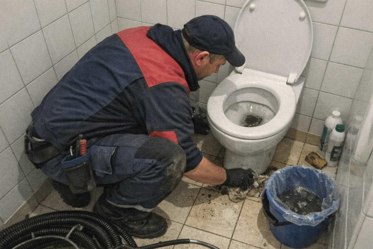 Fachkraft arbeitet mit Schutzhandschuhen vor einer Toilette in einem engen Bad